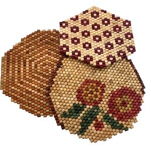 Vintage Bamboo Wood Bead Trivets Hot Pad Set of 3 Floral Pot Holder MCM  7" 8"